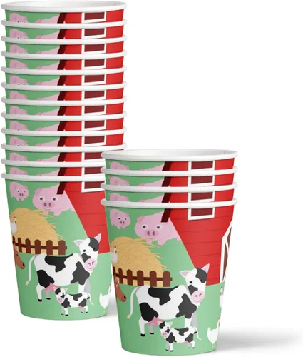 Vista 3 de Set de artículos para fiesta de cumpleaños de animales de granja y granero, platos, servilletas, vasos y utensilios para 16 invitados
