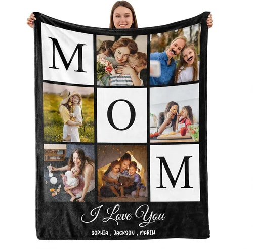 Vista 19 de TURMTF Manta personalizada con foto para mamá de hija e hijo, regalos de boda personalizados para ella, él, pareja, esposa, marido, novia, novio