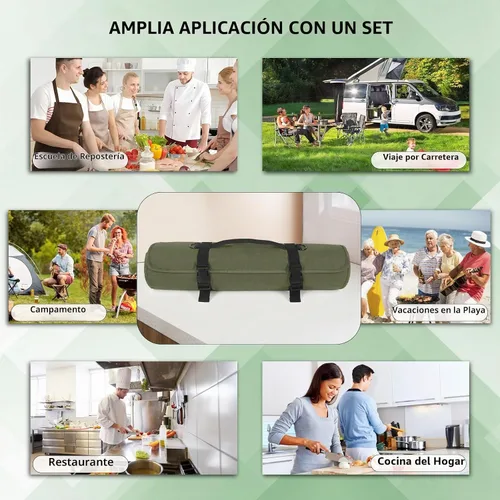 Vista 7 de lelezone Bolsa enrollable para cuchillos de chef, resistente al agua, funda de lona encerada para cuchillos, bolsas enrollables para chefs Verde