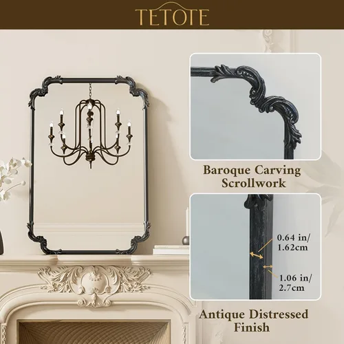 Vista 3 de Espejo rectangular negro barroco vintage para pared, 22 x 30 pulgadas, marco de desplazamiento antiguo, espejo de manto francés para chimenea, baño
