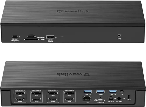 Vista 11 de [Usado] Estación de acoplamiento DisplayLink de doble monitor, WAVLINK 14 en 1 USB-C/A para laptop con HDMI 2x5K, DP 2x5K, Ethernet de 1000 Mbps, 6