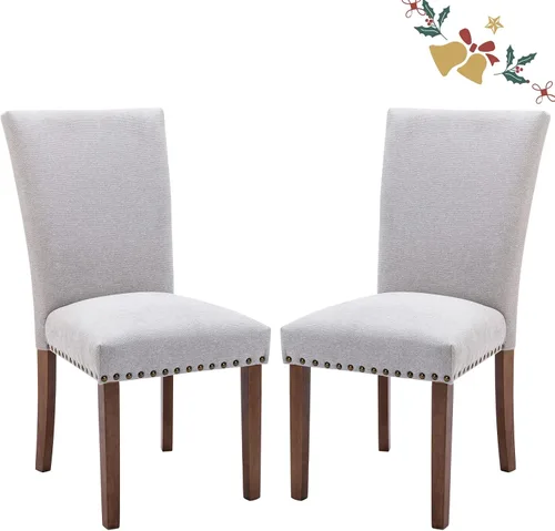 Vista 29 de Juego de 2 sillas tapizadas de tela para comedor, sillas de cocina estilo Parsons con ribete de cabeza de clavo y patas de madera - Beige