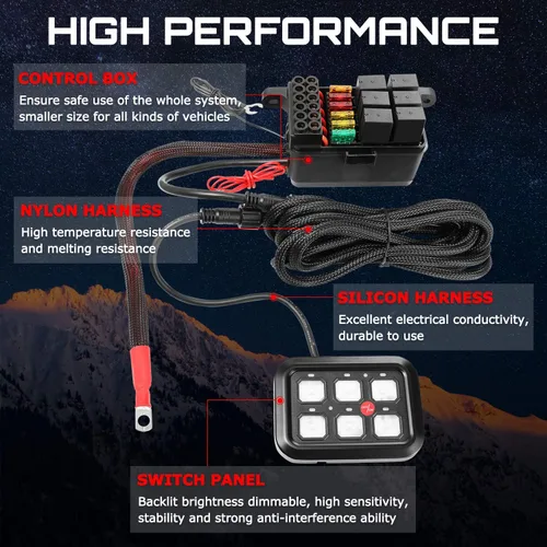 Vista 5 de OFFROADTOWN Panel de interruptores de 6 bandas, automático regulable y universal, sistema de relé de control de circuito con fusible, interruptor