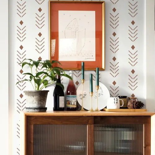 Vista 4 de Ismoon Papel tapiz bohemio para despegar y pegar, de 16.1 x 78.7 pulgadas, moderno papel de contacto geométrico beige/rojo oxidado, papel de pared