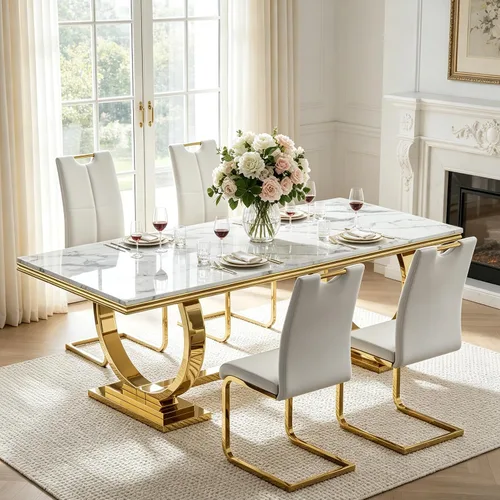 Vista 41 de Juego de mesa de comedor de mármol para 4, mesa de cocina rectangular de mármol blanco de 70 pulgadas con base en O de acero inoxidable dorado