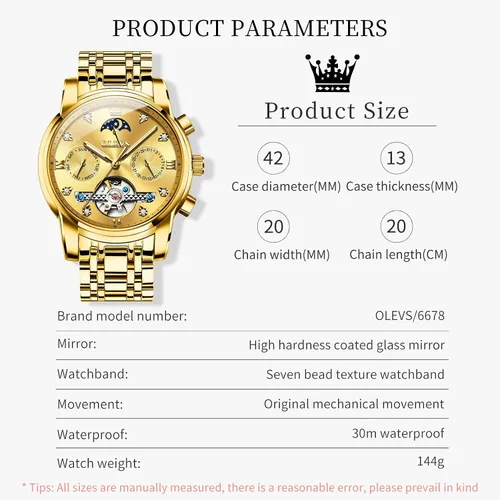 Vista 5 de OLEVS Relojes automáticos para hombre, impermeable, vestido de lujo, cuerda automática, esqueleto mecánico, tourbillon, fase lunar, acero