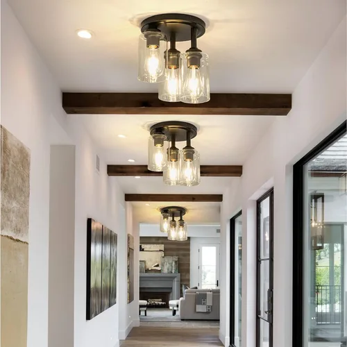 Vista 2 de 3-Light Black Outdoor Flush Mount Ceiling Light Fixture with Glass Shade Lámparas de techo de jaula cuadrada rústica de 10.6 pulgadas, lámparas