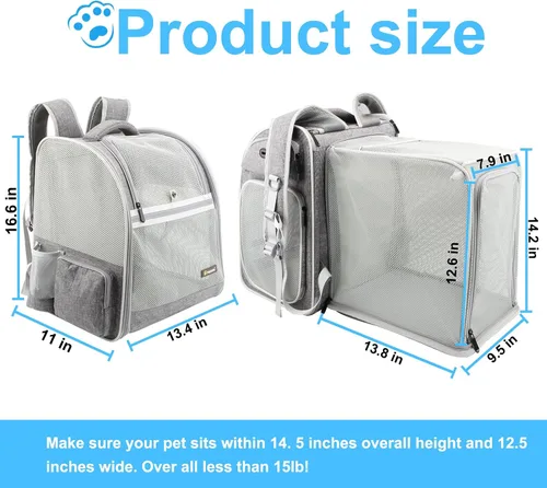 Vista 5 de Texsens Mochila para gatos expandible para mascotas, mochila para mascotas para gatos medianos y perros pequeños, ideal para viajes, senderismo y al