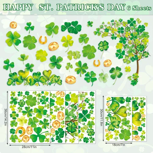 Vista 4 de Whaline 6 hojas de adhesivos para ventana del día de San Patricio - Grandes calcomanías de árbol de trébol en acuarela, decoración irlandesa doble