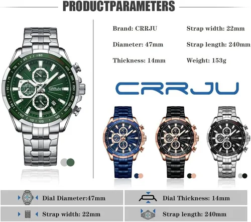 Vista 6 de CRRJU Men's Minimalist Casual Luxury Auto Date Watches Fashion Business Japan Movement Quartz Waterproof Wristwatches for Men Stainsteel Steel Band