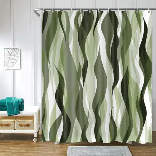 Vista 5 de Cortina de ducha moderna de rayas abstractas negras, blancas y grises, cortina de ducha para decoración de baño geométrica, impermeable, decorativa