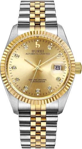 Vista 10 de BUREI Reloj automático de lujo para hombre, resistente al agua, reloj mecánico, correa ajustable de dos tonos de acero inoxidable