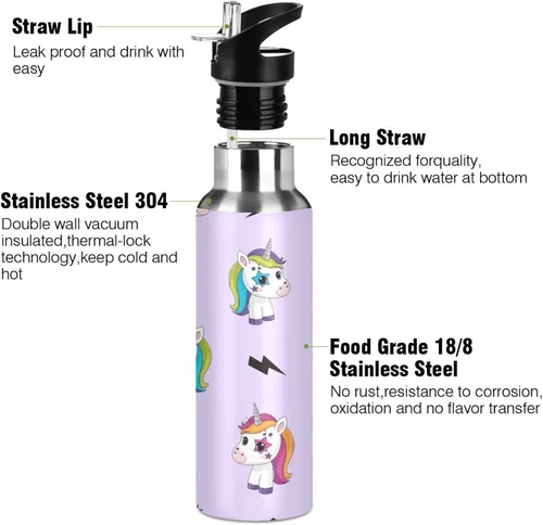 Vista 3 de Insulated Stainless Steel Water Bottle with Straw 32 Oz, Leakproof Water Bottles for Gym Outdoor Travel School, Cute Unicorns Rainbow