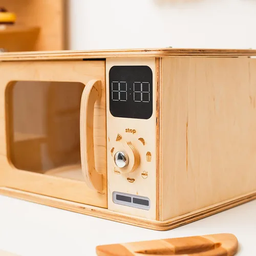 Vista 5 de Horno de microondas de madera para niños, muebles Montessori para niños pequeños, juguete de microondas, madera para niños, sala de juegos de madera