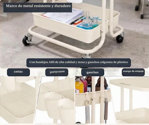 Vista 5 de Carrito rodante de 3 niveles con mesa de almacenamiento, carrito blanco con tazas y ganchos, marco de metal con cestas de plástico, carritos móviles