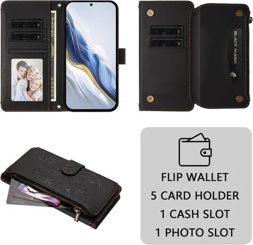 Vista 4 de Funda tipo cartera para Huawei Y9 Prime 2019, mariposa de piel sintética con cierre magnético, con soporte para 5 tarjetas, funda protectora a Negro