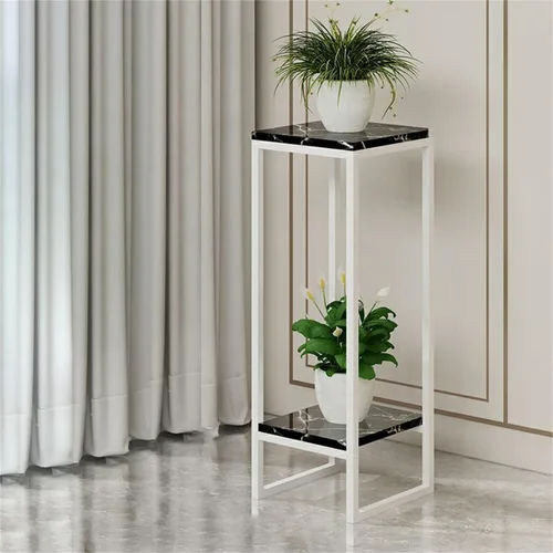 Vista 18 de Mesa cuadrada simple de madera de varios niveles con estante de almacenamiento, soporte para maceta de hierro forjado para sala de estar en Negro