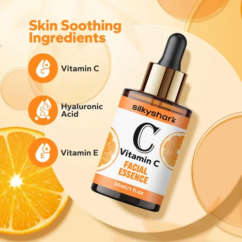 Vista 3 de SilkyShark Suero de vitamina C (1 onza líquida), esencia facial antienvejecimiento y suero para ojos con vitamina C, ácido hialurónico, sueros