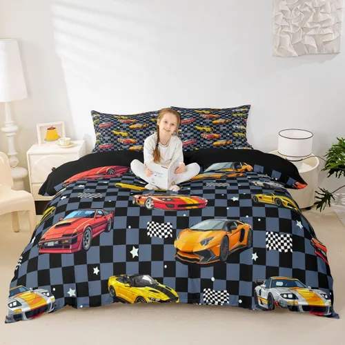 Vista 27 de Feelyou Race Car Duvet Cover Twin Size Boys Girls Speed Sports Car Bedding Set Breathable Soft Racing Comforter Cover 2Pcs Black White Checked Azure