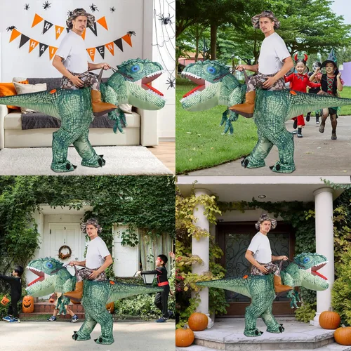 Vista 7 de Disfraz de dinosaurio para montar a caballo T Rex Air Blow up divertido vestido de fiesta de Halloween Navidad para adultos disfraz de cosplay
