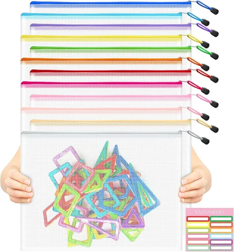 Vista 14 de 9 bolsas de malla con cremallera, tamaños A3, 9 colores, almacenamiento de juegos de mesa, viajes, escuela, organización de oficina