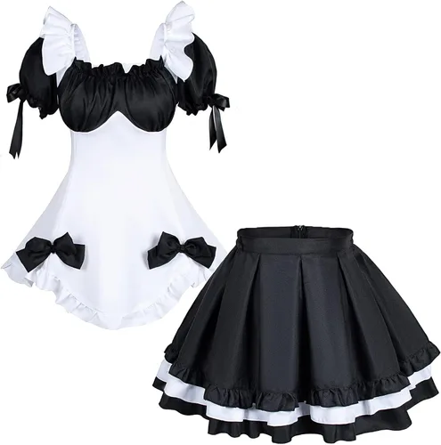 Vista 5 de Anime French Maid Lolita Fancy Queen Princess Dress Cosplay Disfraz Peludo Gato Oreja Guantes Calcetines Conjunto