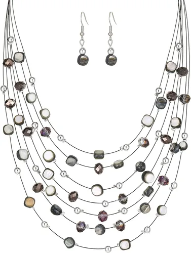 Vista 21 de Collar de cuentas de concha bohemia de varias capas para mujer, hebra de cristal colorida con cuentas plateadas, collares y aretes, disfraces