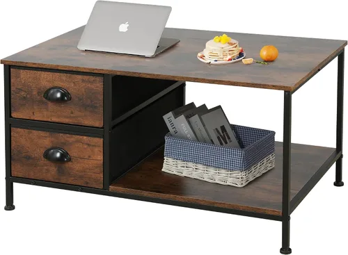 Vista 6 de SENIG Mesa de café pequeña rectangular marrón de madera y metal con estante de almacenamiento para salas de estar pequeñas
