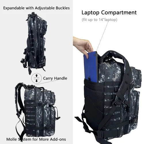 Vista 6 de WOLT Mochila táctica para hombres 45L, mochila militar grande de 3 días, mochila de asalto Molle Rucking mochila senderismo supervivencia, negro