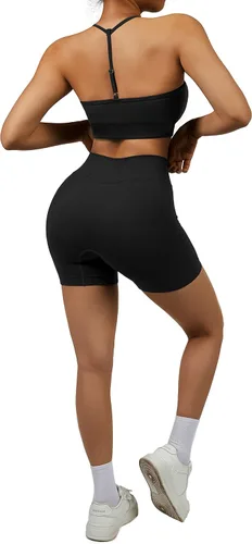 Vista 5 de OMKAGI Conjuntos de entrenamiento para mujer, sin costuras, brasier deportivo, levantamiento de glúteos, pantalones cortos de entrenamiento
