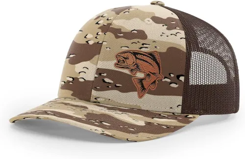 Vista 55 de Sombrero de pesca de salmón con parche de cuero grabado láser Richardson 112 Snapback Trucker Cap
