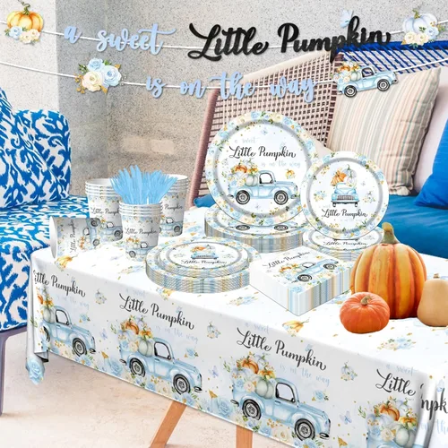 Vista 6 de Decoración de baby shower de calabaza, 142 piezas, una dulce pequeña calabaza está en camino, camión floral azul para niños, mantel desechable