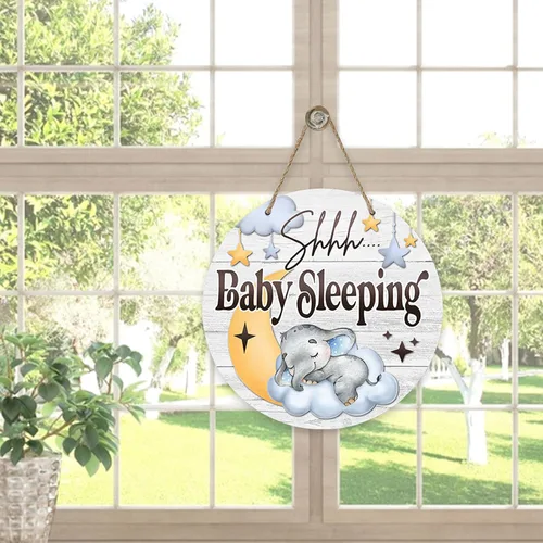Vista 5 de Shhh Baby Sleeping - Letrero para puerta delantera, elefante, luna, nube, estrellas, colgador de puerta de madera, decoración de dormitorio