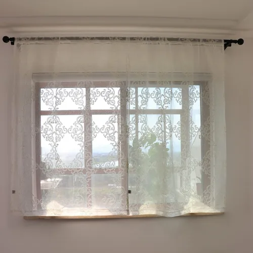 Vista 2 de SLOW SOUL 2 paneles de lino sintético bordado blanco con hojas clásicas, cortinas de gasa semitransparente para ventana de dormitorio, sala