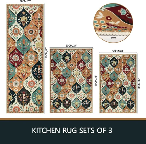 Vista 2 de Falflor Juego de 3 tapetes de cocina con diseño de enrejado marroquí, lavables, antideslizantes, tapetes de cocina suaves para piso, patrón floral