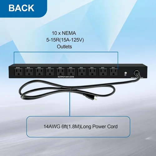 Vista 3 de Regleta de alimentación horizontal PDU de 19 pulgadas para montaje en rack - Protector de sobretensiones Para servidores de red, 10 tomacorrientes