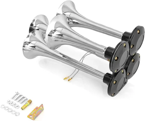 Vista 7 de HIGHSOAR 12V/24V Bocina de aire para camiones 150DB Juego de 4 bocinas de trompeta con compresor universal para automóvil, tren, barco