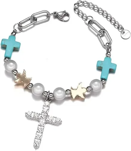 Vista 2 de Pulseras de primera comunión para niñas, para mi hija, nieta, cristiana, cruz cristiana, regalo de bautismo, vintage, turquesa, dijes, joyería