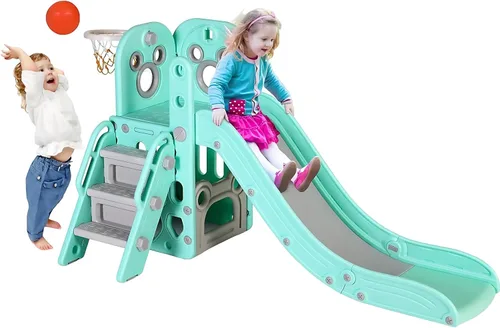Vista 10 de Arlopu Juego de tobogán 6 en 1 para niños pequeños, tobogán resistente para niños con aro de baloncesto y telescopio, pasos antideslizantes, juego