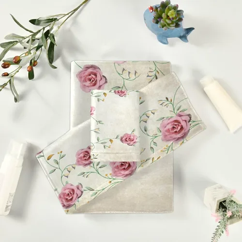 Vista 6 de Juego de toallas de baño para baño, diseño floral de primavera rosa rosa, juego de 3 toallas de lujo, 1 toalla de baño, 1 toalla de mano, 1 toalla