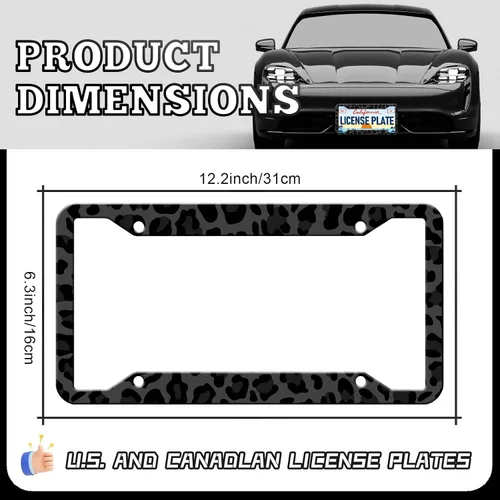 Vista 2 de Marcos para placa de matrícula con estampado de leopardo negro, paquete de 2 fundas de aluminio con estampado de animales negros, marcos