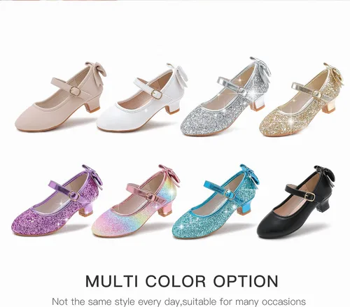 Vista 7 de Dufannie Zapatos de vestir para niñas, zapatos de tacón bajo de princesa, zapatos planos con purpurina para bodas y fiestas