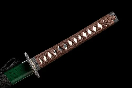 Vista 8 de Katana verde hecha a mano, espada samurái japonesa 1095 de arcilla de acero templada, hoja de afeitar de espiga completa, afilada, regalos para él