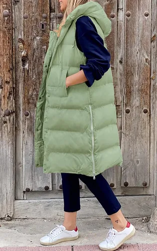 Vista 2 de LEANI Chaleco largo acolchado con cremallera completa para mujer, abrigo sin mangas con bolsillos