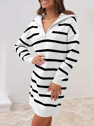 Vista 2 de MEROKEETY Vestido tipo suéter a rayas con media cremallera para mujer, manga larga, para otoño e invierno
