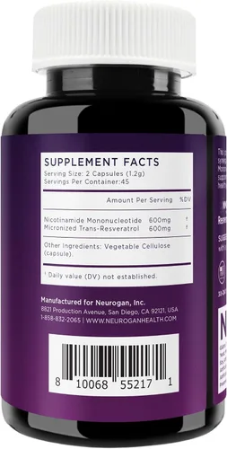 Vista 2 de Neurogan Cápsulas NMN + Resveratrol – Salud celular y apoyo energético – 1200 mg de mononucleótido de nicotinamida y trans-resveratrol por porción