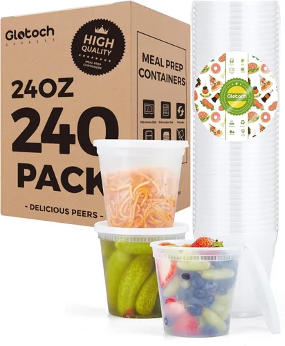 Vista 13 de Glotoch - Juego de 48 recipientes de plástico para almacenamiento de alimentos y bebidas de 8 onzas, 16 onzas y 32 onzas con tapas, aptos