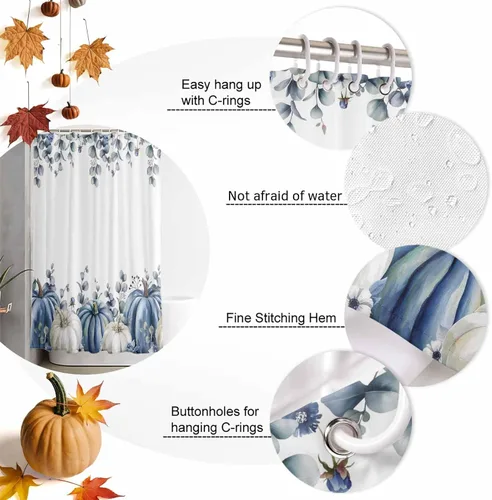 Vista 6 de Cortina de ducha de calabaza azul para baño, calabazas blancas, hojas verdes, cortinas de baño con ganchos, tela de poliéster impermeable, cortinas