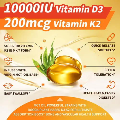 Vista 2 de Vitamina D3 K2 a base de plantas de 10000 UI con aceite MCT de coco virgen – 200 mcg MK7 de vitamina K2, sin OMG para una máxima absorción, salud