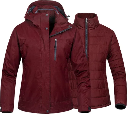 Vista 11 de CREATMO US Chaqueta de esquí impermeable 3 en 1 para mujer, resistente al viento, chaqueta de snowboard cálida para invierno